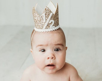Half Birthday Crown | 1/2 Birthday Crown | Half Birthday Girl Outfit | Baby Birthday Crown | Gold Glitter Crown + Choose Color