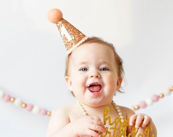 First Birthday Hat | Rose Gold Glitter Hat + Blush Trim/Top + White Glitter Number