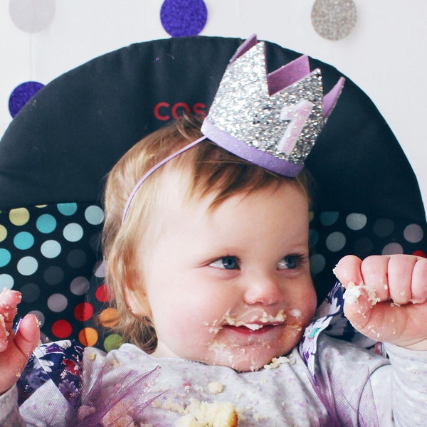 First Birthday Crown | 1st Birthday Crown | 1st Birthday Girl Outfit | First Birthday Girl | Silver Glitter Crown + Lilac Purple Accents