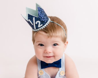 Half Birthday Crown | 1/2 Birthday Crown | Half Birthday Boy Outfit | Baby Birthday Crown | Navy Glitter Crown + Baby Blue Accents