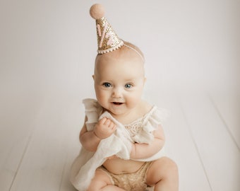 1/2 Birthday Hat | Half Birthday Hat | Half Birthday Girl Outfit | Baby Party Hat | Gold Glitter Hat + Baby Pink Accents