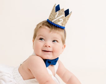 Half Birthday Crown | 1/2 Birthday Crown | Half Birthday Boy Outfit | Baby Birthday Crown | Gold Glitter Crown + Royal Blue Accents