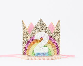 2nd Birthday Crown | Second Birthday Crown | 2nd Birthday Girl Outfit | Gold Glitter Crown + Baby Pink Accents + Pastel Rainbow