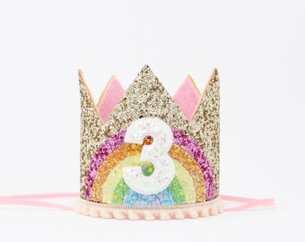 3rd Birthday Crown Girl | Pastel Rainbow Birthday Party Crown | Gold Birthday Crown | Unicorn Birthday Party Crown | Choose Birthday Number