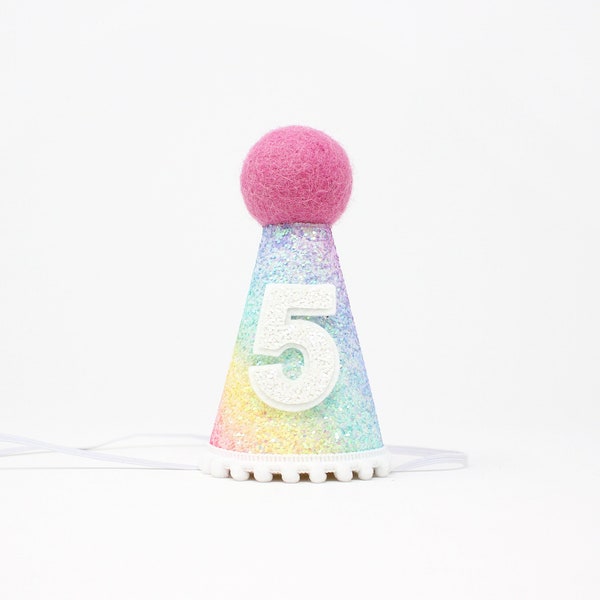 Chapeau de fête du 5e anniversaire | Chapeau d'anniversaire Licorne | Pastel Rainbow 5e anniversaire fille | 5ème tenue d'anniversaire fille | Arc-en-ciel Rose Blanc