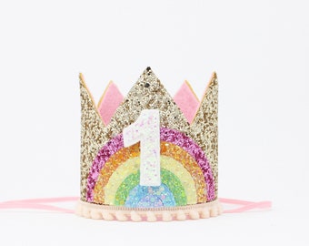 Pastel Rainbow First Birthday Crown | 1st Birthday Crown | 1st Birthday Girl | Gold Glitter Crown + Baby Pink Accents + Rainbow