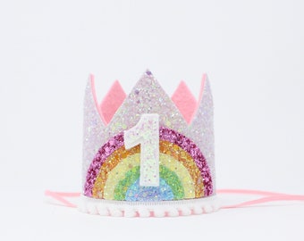 Pastel Rainbow First Birthday Crown | 1st Birthday Crown | 1st Birthday Girl | Baby Pink Glitter Crown + Pastel Rainbow