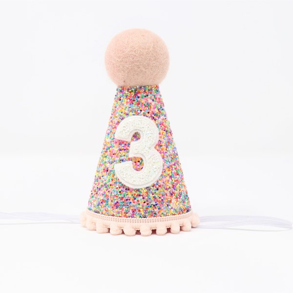 3rd Birthday Party Hat | 3rd Birthday Girl Rainbow Hat | Birthday Hat | 3rd Birthday Outfit Girl | Birthday Party Hats | Mosaic Baby Pink