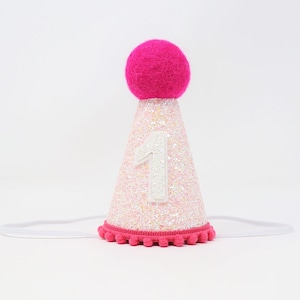 First Birthday Hat | 1st Birthday Hat | 1st Birthday Girl Outfit | First Birthday Outfit Girl | Baby Pink Glitter Hat + Magenta Accents