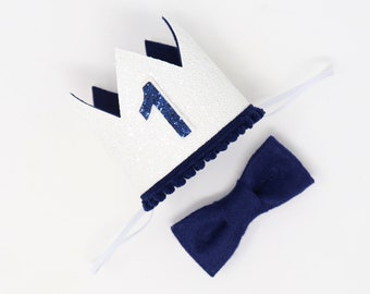 First Birthday Crown | 1st Birthday Crown | 1st Birthday Boy Outfit | First Birthday Outfit Boy | White Glitter Crown + Navy Blue Accents