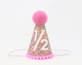 1/2 Birthday Hat | Half Birthday Hat | Half Birthday Girl Outfit | Baby Party Hat | Mosaic Glitter Hat + Hot Pink Accents