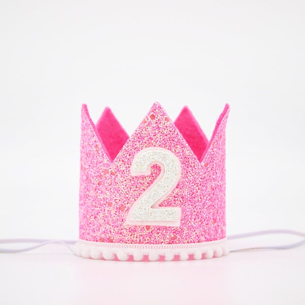 Couronne du 2e anniversaire | Couronne du deuxième anniversaire | 2ème tenue de fille d'anniversaire | Fille du deuxième anniversaire | Couronne scintillante rose vif + accents blancs