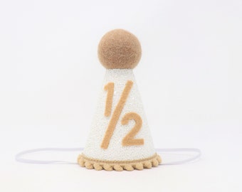 1/2 Birthday Hat | Half Birthday Hat | Half Birthday Boy Outfit | Baby Party Hat | White Glitter Hat + Toast Accents