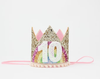 10th Birthday Crown | 10th Birthday Girl | 10th Birthday Decor | 10th Birthday Outfit Girl Birthday Party | Gold Baby Pink Pastel Rainbow