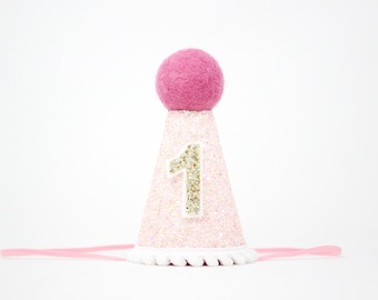 First Birthday Hat | 1st Birthday Hat | 1st Birthday Girl Outfit | First Birthday Outfit Girl | Baby Pink Glitter Hat + Pink + Gold Accent