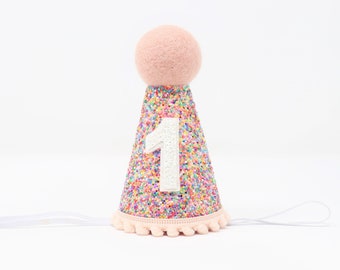 First Birthday Hat | 1st Birthday Hat | 1st Birthday Girl Outfit | First Birthday Outfit Girl | Mosaic Glitter Hat + Baby Pink Accents