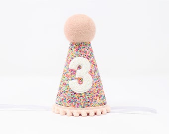 3rd Birthday Party Hat | 3rd Birthday Girl Rainbow Hat | Birthday Hat | 3rd Birthday Outfit Girl | Birthday Party Hats | Mosaic Baby Pink