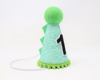 Dinosaur First Birthday Hat | Dino 1st Birthday Hat | 1st Birthday Boy Outfit | Lime Green Glitter Hat + Dino Spikes