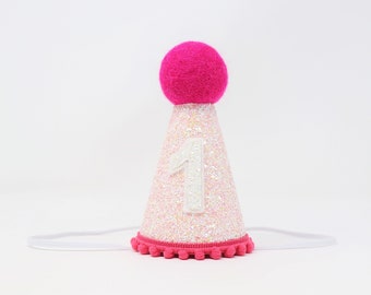 First Birthday Hat | 1st Birthday Hat | 1st Birthday Girl Outfit | First Birthday Outfit Girl | Baby Pink Glitter Hat + Magenta Accents