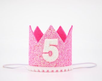5th Birthday Party Crown | 5th Birthday Girl Crown | 5th Birthday Outfit Girl | Hot Pink glitter crown + White Accents