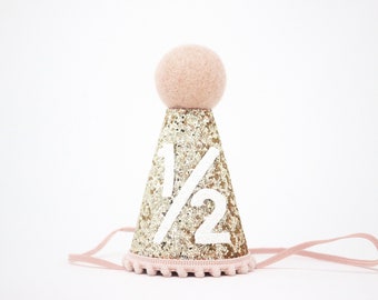 1/2 Birthday Hat | Half Birthday Hat | Half Birthday Girl Outfit | Baby Party Hat | Gold Glitter Hat + Choose Color