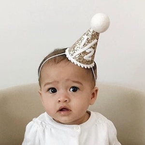 1/2 Birthday Hat | Half Birthday Hat | Half Birthday Girl Outfit | Baby Party Hat | Gold Glitter Hat + White Accents