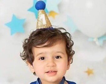 First Birthday Hat | 1st Birthday Hat | 1st Birthday Boy Outfit | First Birthday Outfit Boy | Gold Glitter Hat + Royal Blue Accents