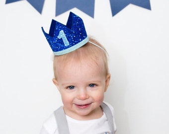 First Birthday Crown | 1st Birthday Crown | 1st Birthday Boy Outfit | First Birthday Outfit Boy | Royal Glitter Crown + Baby Blue Accents