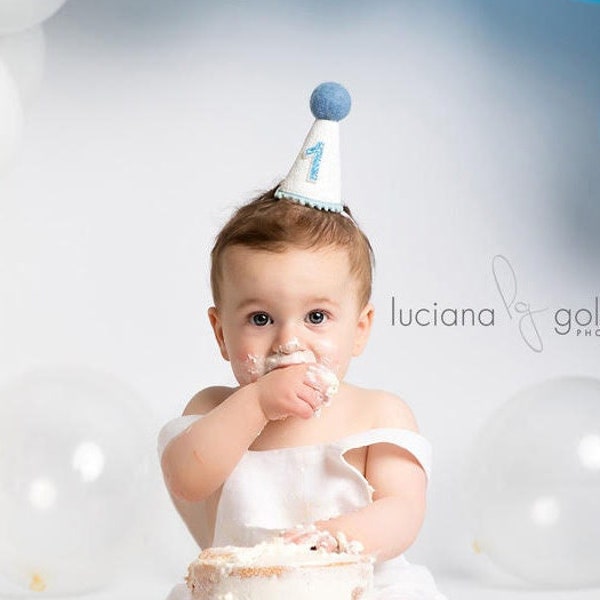 First Birthday Hat | 1st Birthday Hat | 1st Birthday Boy Outfit | First Birthday Outfit Boy | White Glitter Hat + Baby Blue Accents