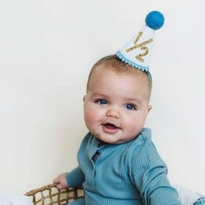 1/2 Birthday Boy Hat | Half Birthday Baby Party Hat | Baby Blue Navy Red Toast | White Glitter Hat + Pale Gold Glitter 1/2