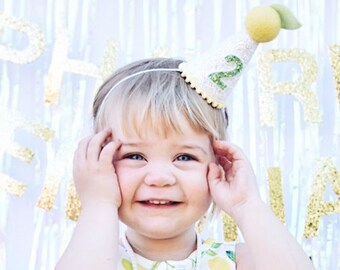 Lemon 2nd Birthday Hat | Second Birthday Hat | Twotti Fruitti 2nd Birthday Girl Outfit | White Glitter Hat + Yellow Accents + Leaf