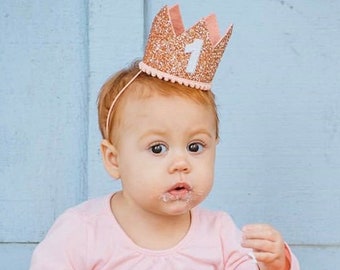 First Birthday Crown | 1st Birthday Crown | 1st Birthday Girl Outfit | First Birthday Outfit Girl | Rose Gold Glitter Crown + Blush Accents