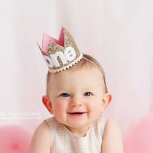 First Birthday Crown | 1st Birthday Crown | 1st Birthday Girl Outfit | First Birthday Outfit Girl | Gold Glitter Crown + Baby Pink Accents