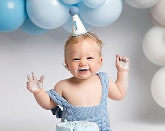 First Birthday Boy Party Hat | White Glitter Hat + Baby Blue Trim + Light Pool Top + Baby Blue Glitter 1