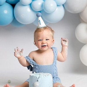 1st Birthday Party Hat | First Birthday Boy Cake Smash | White Glitter Hat + Baby Blue Trim + Light Pool Top + Baby Blue Glitter 1