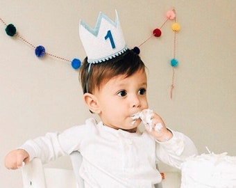 First Birthday Crown | 1st Birthday Crown | 1st Birthday Boy Outfit | First Birthday Outfit Boy | White Glitter Crown + Baby Blue Accents