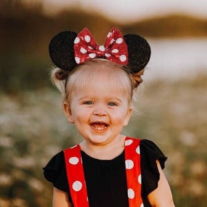 Mouse Ears Headband One Size | Kids and Adult Party Mouse Ears | Black Sequin Mouse Ears | Choose Bow Color