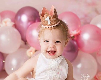 First Birthday Crown | Rose Gold Glitter Crown + Blush Trim + White Glitter 1