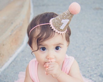 First Birthday Hat | 1st Birthday Hat | 1st Birthday Girl Outfit | First Birthday Outfit Girl | Gold Glitter Hat + Blush Accents