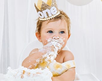 First Birthday Girl Crown | Gold Glitter Crown + Choose Color + White Glitter "one"