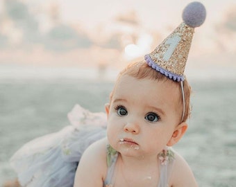 First Birthday Hat | 1st Birthday Hat | 1st Birthday Girl Outfit | First Birthday Outfit Girl | Gold Glitter Hat + Lilac Accents