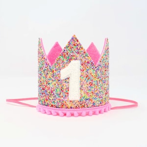 First Birthday Crown | 1st Birthday Crown | 1st Birthday Girl Outfit | First Birthday Outfit Girl | Mosaic Glitter Crown + Hot Pink Accents