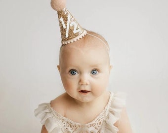 Half Birthday Hat | Gold Glitter Hat + White Glitter 1/2