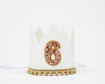 Birthday Crown | 6th Birthday Crown | Any Age Birthday Party Crown | Neutral Birthday Photo Prop | White with Tan