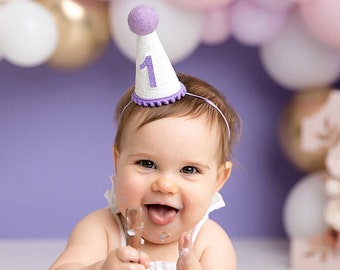 First Birthday Hat | 1st Birthday Hat | 1st Birthday Girl Outfit | First Birthday Outfit Girl | White Glitter Hat + Lilac Purple Accents