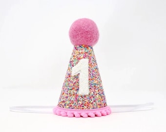 First Birthday Hat | 1st Birthday Hat | 1st Birthday Girl Outfit | First Birthday Outfit Girl | Mosaic Glitter Hat + Hot Pink Accents