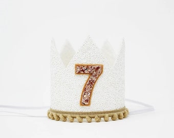 Birthday Crown | 7th Birthday Crown | Any Age Birthday Party Crown | Neutral Birthday Photo Prop | White with Tan