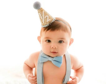 1/2 Birthday Hat | Half Birthday Hat | Half Birthday Boy Outfit | Baby Party Hat | Gold Glitter Hat + Baby Blue Accents