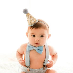 1/2 Birthday Hat | Half Birthday Hat | Half Birthday Boy Outfit | Baby Party Hat | Gold Glitter Hat + Baby Blue Accents