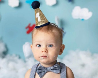 First Birthday Hat | 1st Birthday Hat | 1st Birthday Boy Outfit | First Birthday Outfit Boy | Gold Glitter Hat + Navy Accents